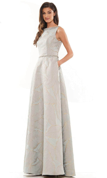 A-line General Print Bateau Neck Natural Waistline Sleeveless Back Zipper Crystal Jacquard Beaded Floor Length Dress