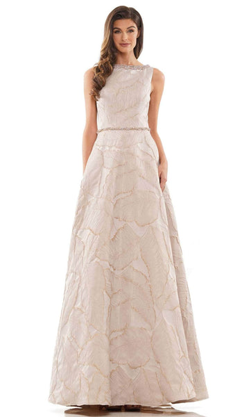 A-line Sleeveless Bateau Neck Floor Length Natural Waistline Crystal Jacquard Beaded Back Zipper General Print Dress