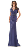 Sophisticated V-neck Sheath Natural Waistline Cap Sleeves Wrap Back Zipper Faille Sheath Dress/Mother-of-the-Bride Dress