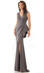 Sexy Sophisticated V-neck Faille Sheath Ruched Slit Fall Cap Sleeves Natural Waistline Sheath Dress/Evening Dress with a Brush/Sweep Train With Ruffles