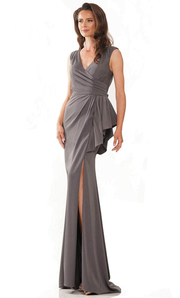 Sexy Sophisticated V-neck Sheath Cap Sleeves Natural Waistline Faille Ruched Slit Fall Sheath Dress/Evening Dress with a Brush/Sweep Train With Ruffles