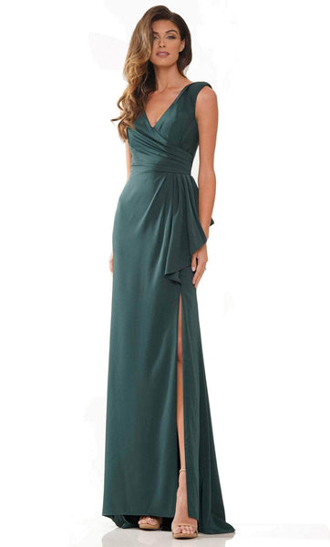 Sexy Sophisticated V-neck Fall Slit Ruched Natural Waistline Faille Sheath Cap Sleeves Sheath Dress/Evening Dress with a Brush/Sweep Train With Ruffles