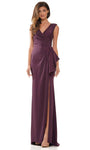 Sexy Sophisticated V-neck Faille Ruched Slit Sheath Natural Waistline Cap Sleeves Fall Sheath Dress/Evening Dress with a Brush/Sweep Train With Ruffles