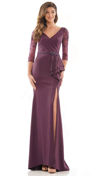 V-neck Faille Sheath Faux Wrap Beaded Embroidered Slit Mesh Keyhole Back Zipper Natural Waistline Sheer Sleeves Sheath Dress/Mother-of-the-Bride Dress with a Brush/Sweep Train