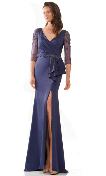 V-neck Faille Keyhole Faux Wrap Back Zipper Embroidered Beaded Slit Mesh Sheer Sleeves Natural Waistline Sheath Sheath Dress/Mother-of-the-Bride Dress with a Brush/Sweep Train