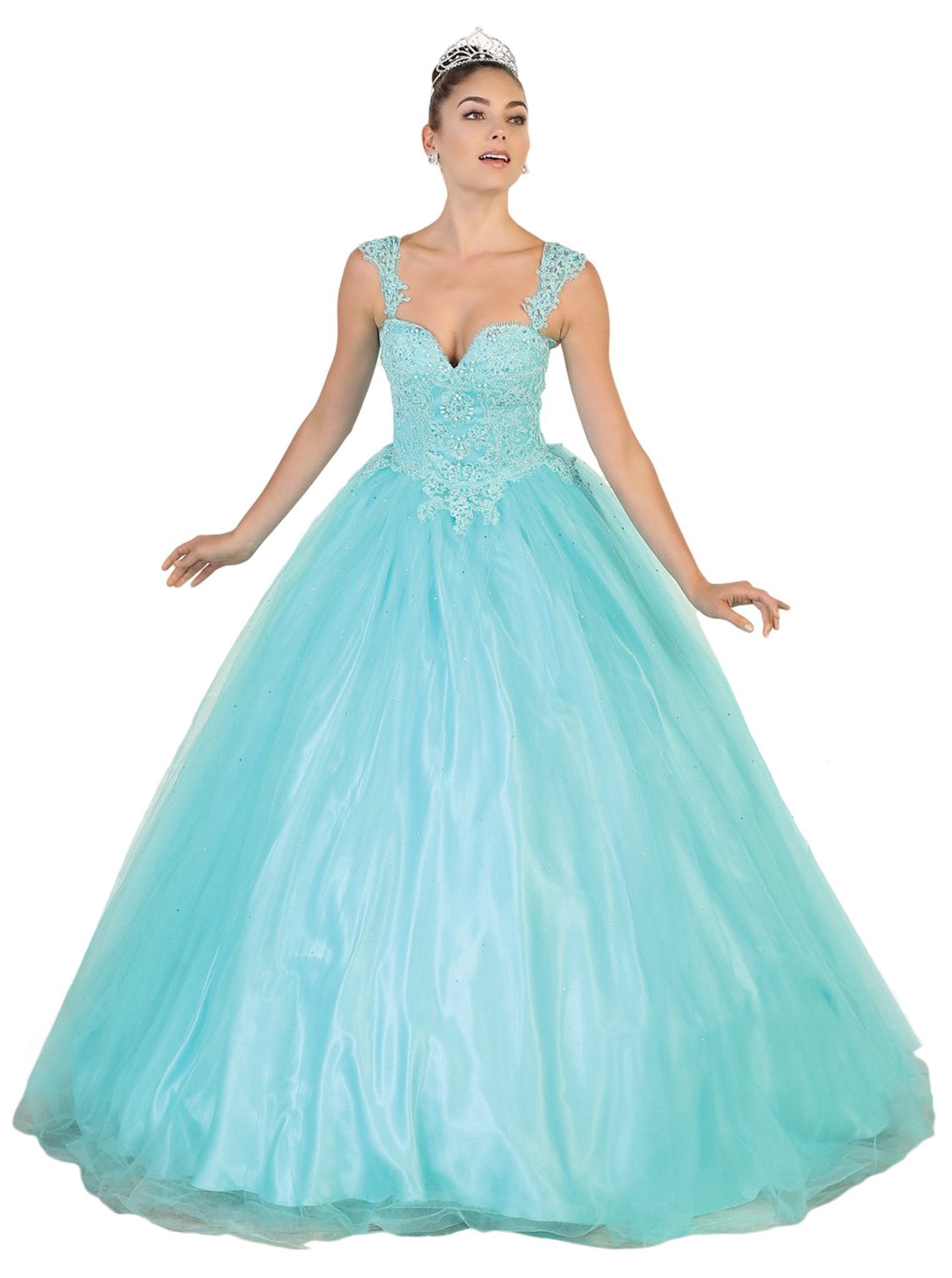 May Queen - Beaded Lace Plunging Sweetheart Quinceanera Ballgown