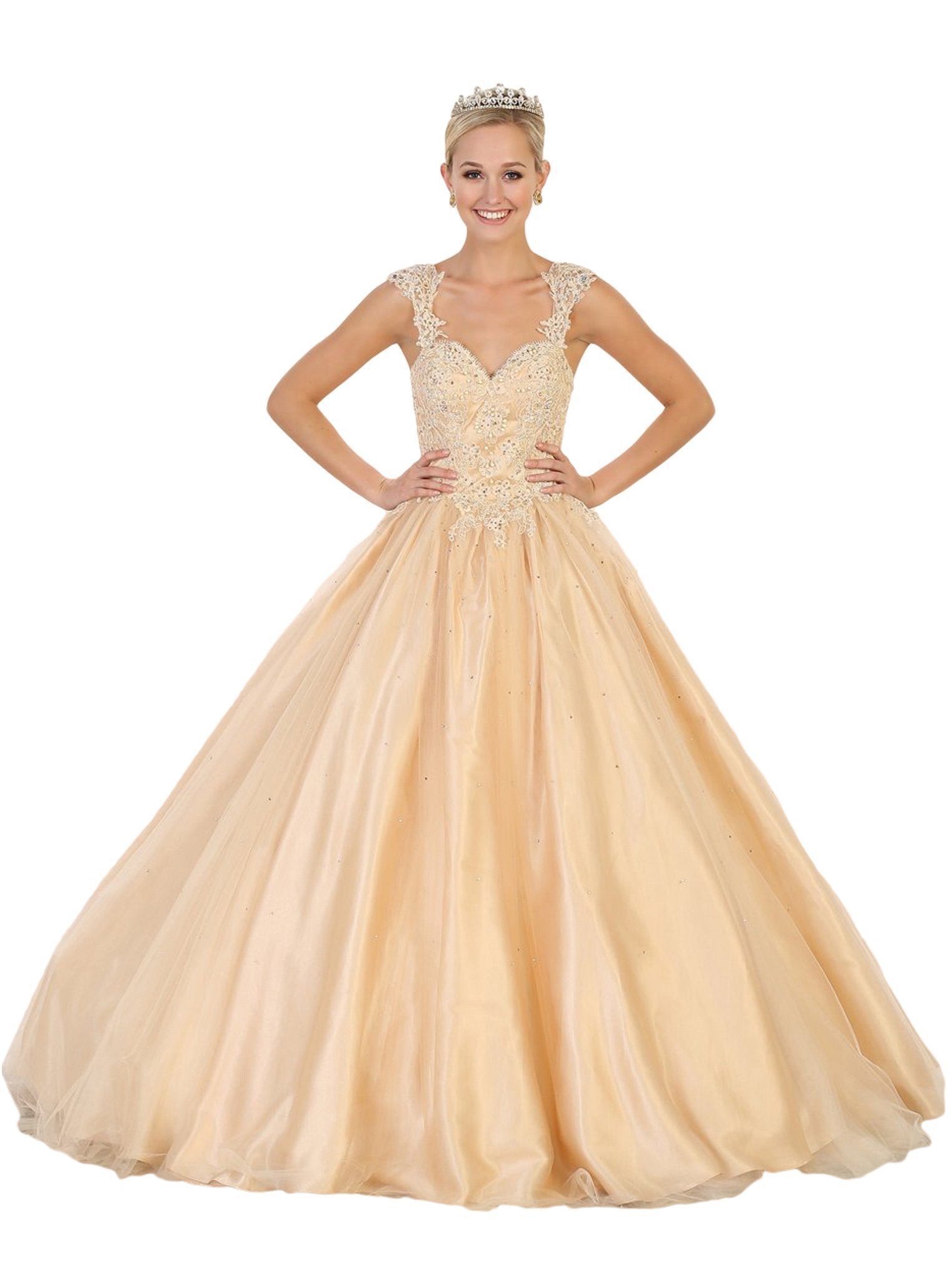May Queen - Beaded Lace Plunging Sweetheart Quinceanera Ballgown
