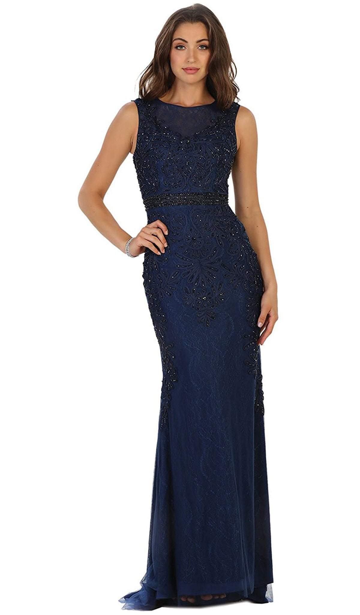 May Queen - Bedazzled Sheer Bateau Sheath Evening Dress
