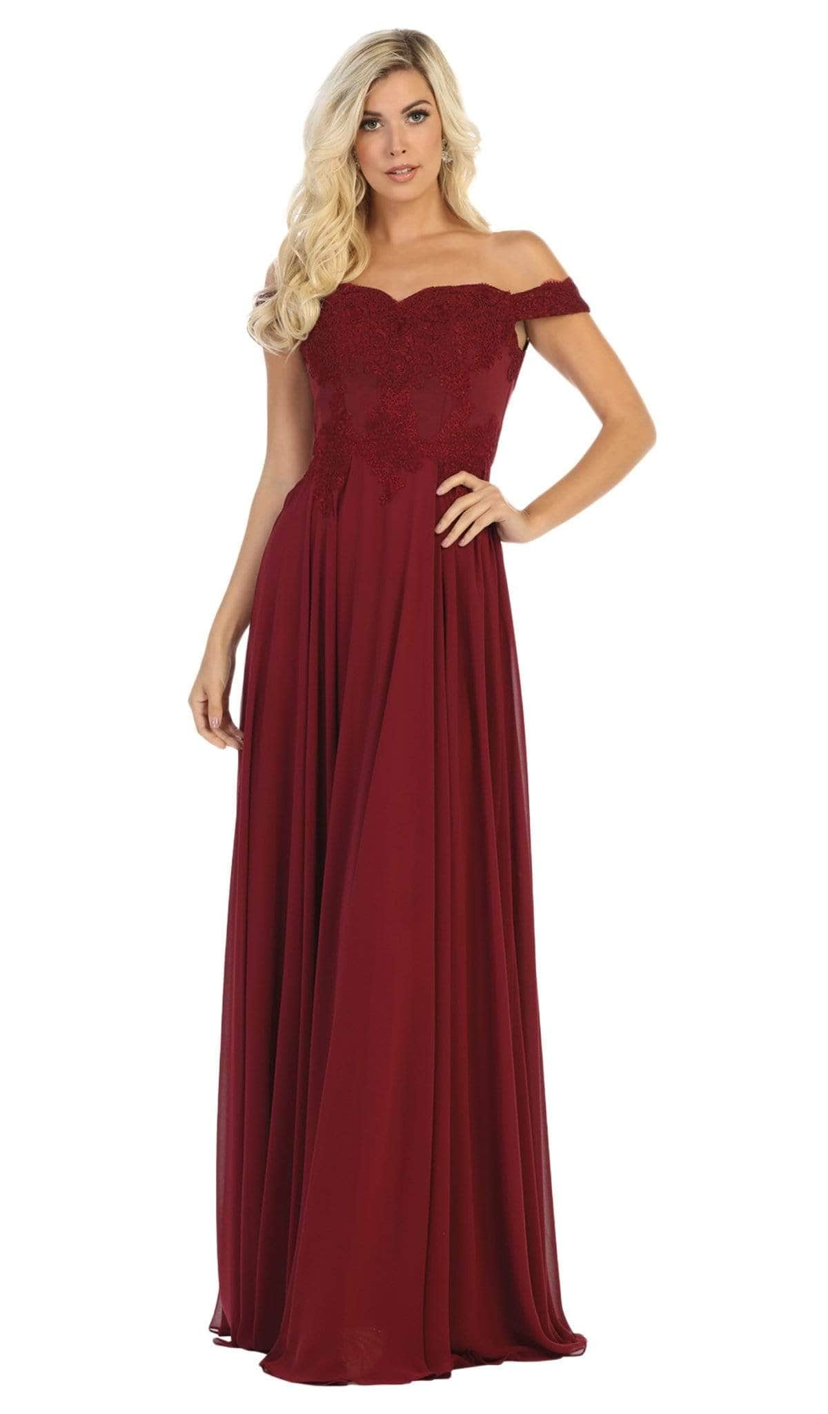 May Queen Bridal - MQ1644 Lace Ornate Off-Shoulder Chiffon Long Dress
