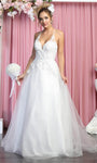 A-line V-neck Plunging Neck Sweetheart Sleeveless Floral Print Fitted Applique Open-Back Natural Waistline Floor Length Wedding Dress with a Brush/Sweep Train