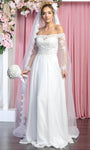 A-line Floor Length Sheer Embroidered Fitted Long Sleeves Off the Shoulder Natural Waistline Wedding Dress with a Brush/Sweep Train