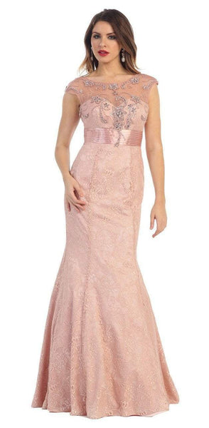 Natural Waistline Mermaid Embroidered Sequined Illusion Mesh Cap Sleeves Wedding Dress With Rhinestones