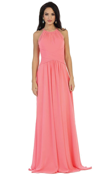 A-line Halter Sleeveless Floor Length Keyhole Back Zipper Fitted Cutout Pleated Ruched Natural Waistline Evening Dress/Bridesmaid Dress