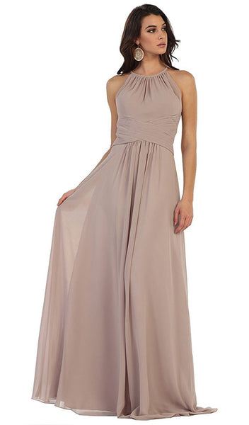 A-line Natural Waistline Sleeveless Back Zipper Pleated Fitted Keyhole Ruched Cutout Halter Floor Length Evening Dress/Bridesmaid Dress