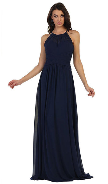 A-line Natural Waistline Fitted Back Zipper Pleated Cutout Ruched Keyhole Halter Floor Length Sleeveless Evening Dress/Bridesmaid Dress