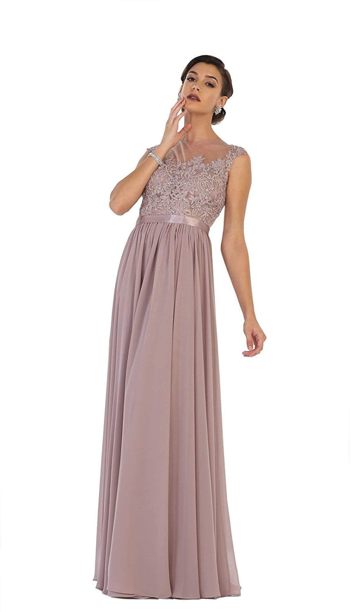 May Queen - Dainty Cap Sleeve Lace Applique Illusion Prom Gown
