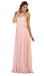 Modest A-line Sleeveless Natural Waistline Halter Open-Back Pleated Illusion Back Zipper Evening Dress