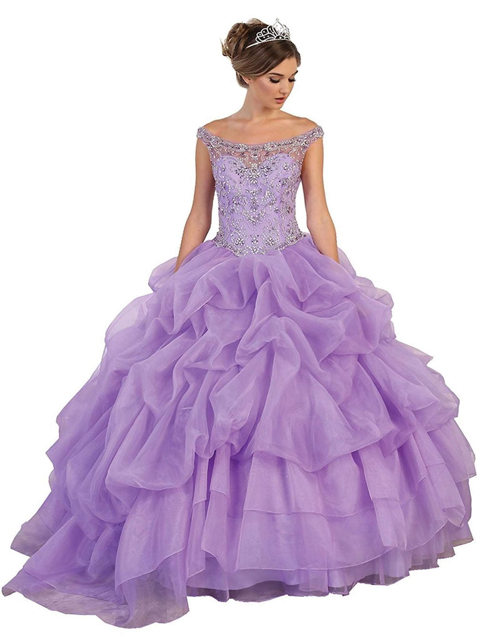 May Queen - Embellished Illusion Off-Shoulder Ruffled Quinceanera Ballgown
