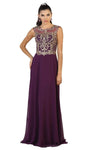 A-line Chiffon Sleeveless Floor Length Jeweled Neck Natural Waistline Jeweled Sheer Embroidered Sequined Illusion Evening Dress With Rhinestones