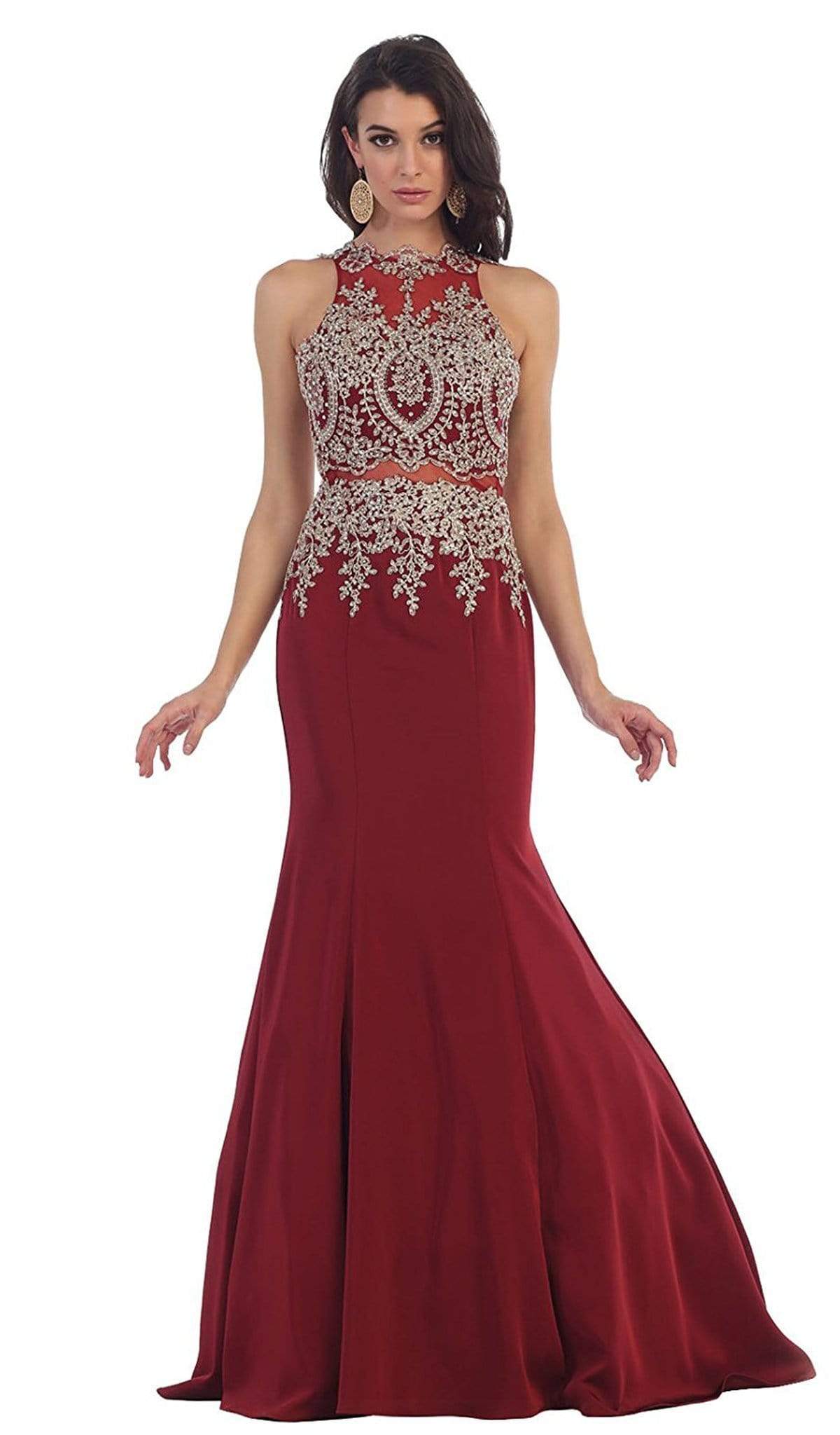 May Queen - Gilt Embroidered Illusion Trumpet Prom Gown