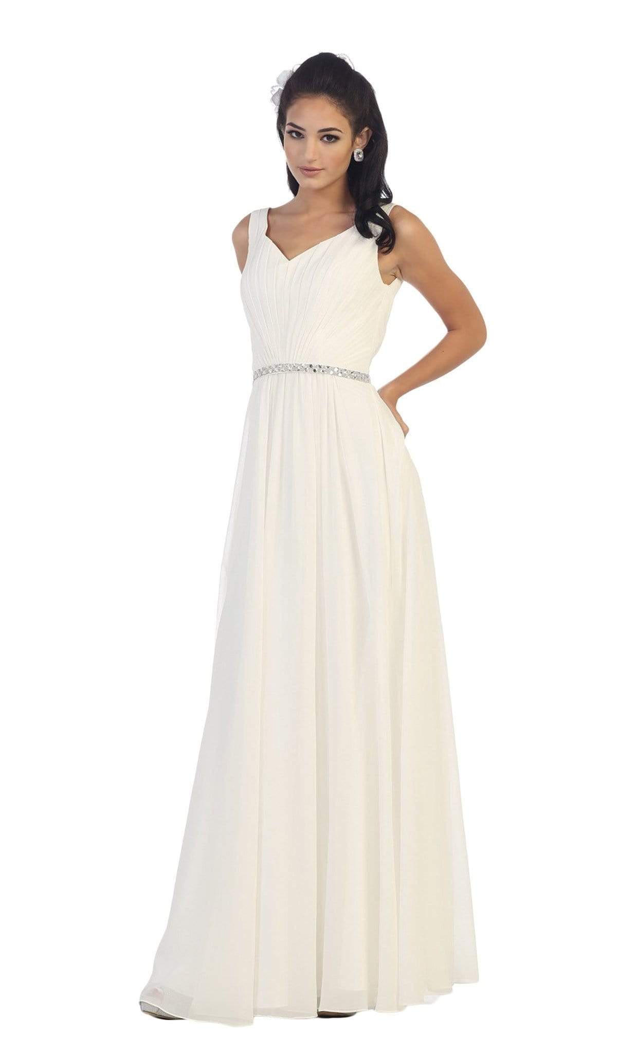 May Queen - Jeweled V-Neck Chiffon A-Line Evening Dress