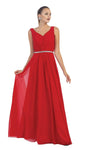 A-line V-neck Chiffon Sleeveless Open-Back Jeweled Belted Natural Waistline Evening Dress/Bridesmaid Dress