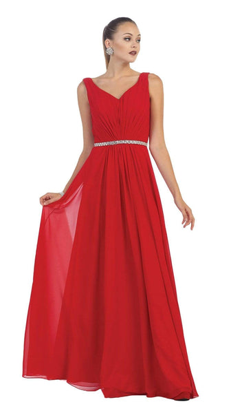 A-line V-neck Chiffon Natural Waistline Sleeveless Open-Back Belted Jeweled Evening Dress/Bridesmaid Dress