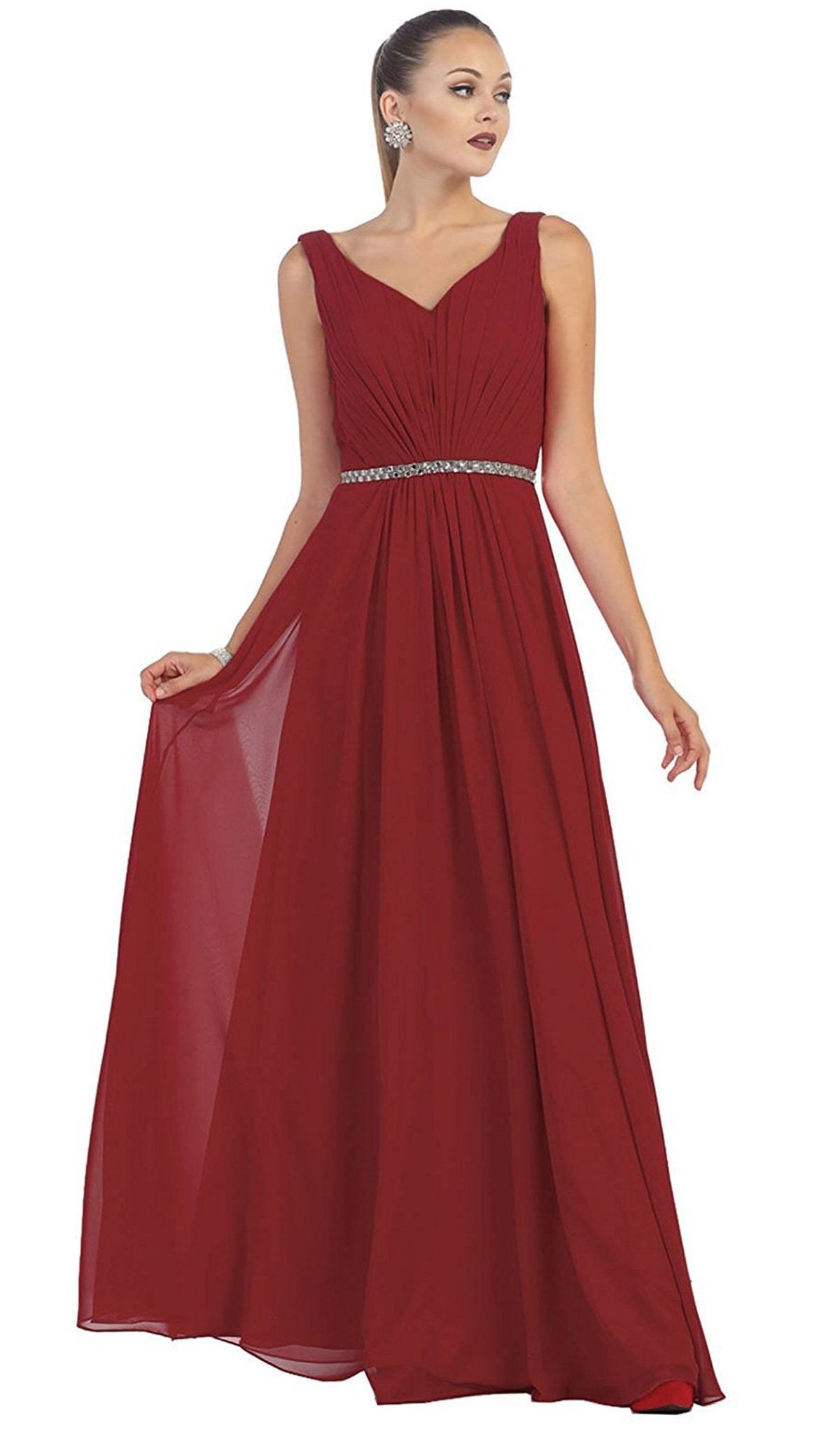 May Queen - Jeweled V-Neck Chiffon A-Line Prom Dress