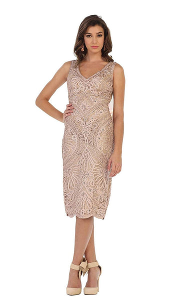 V-neck Cocktail Above the Knee Natural Waistline Sleeveless Jeweled Fitted Mesh Applique Embroidered Sheath Sheath Dress/Evening Dress With Rhinestones