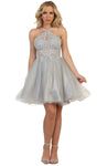 A-line Tiered Applique V Back Fitted Pleated Back Zipper Sheer Keyhole Beaded Cocktail Above the Knee Halter Natural Waistline Dress