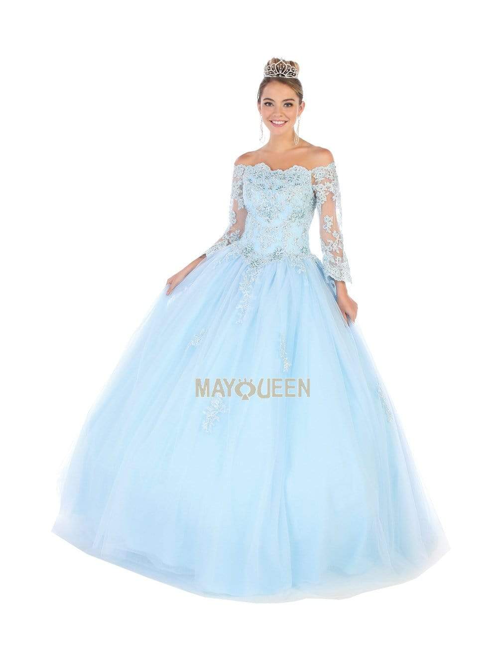 May Queen - LK111 Bell Sleeve Appliqued Off Shoulder Ballgown
