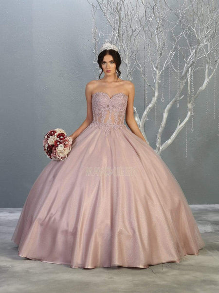 Strapless Basque Corset Waistline Floor Length Glittering Applique Sheer Sweetheart Dress