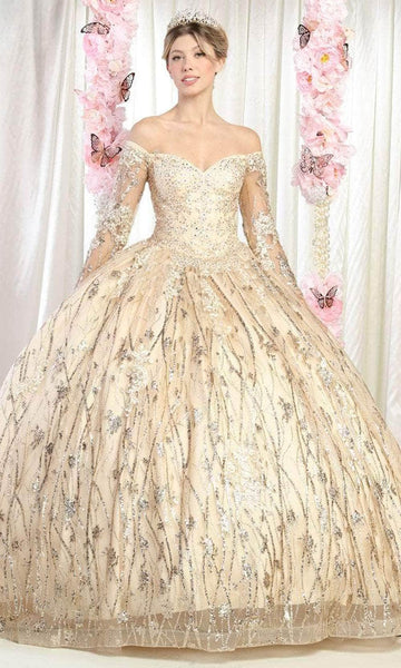 Sophisticated Gathered Lace-Up Beaded Sequined Sheer Lace Corset Natural Waistline Sweetheart Long Sleeves Off the Shoulder Floor Length Ball Gown Prom Dress with a Brush/Sweep Train