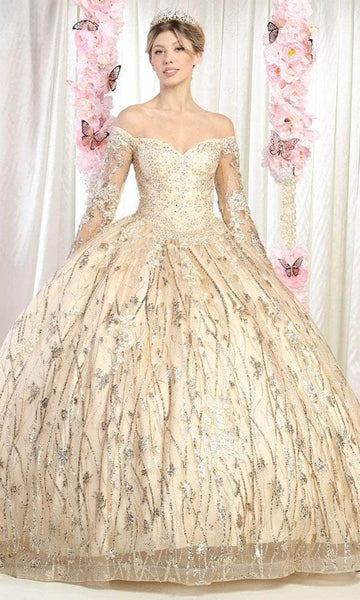 Sophisticated Floor Length Lace Long Sleeves Off the Shoulder Sheer Lace-Up Beaded Sequined Gathered Corset Natural Waistline Sweetheart Ball Gown Prom Dress with a Brush/Sweep Train