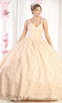 Sophisticated V-neck Lace Sleeveless Corset Dropped Waistline Floral Print Quinceanera Dress with a Brush/Sweep Train