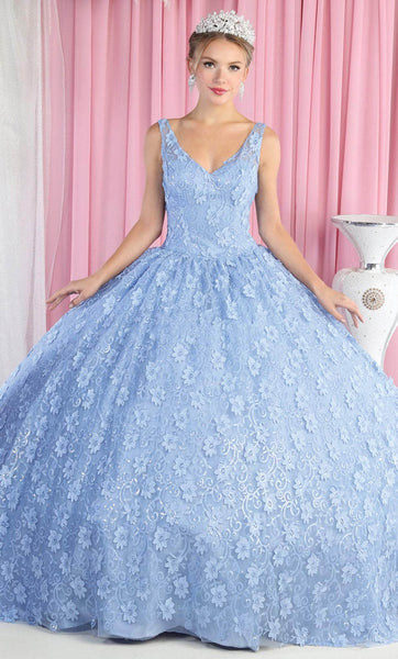 Sophisticated V-neck Sleeveless Floral Print Lace Corset Dropped Waistline Quinceanera Dress with a Brush/Sweep Train