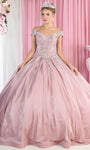 Lace Off the Shoulder Basque Corset Waistline Applique Quinceanera Dress with a Brush/Sweep Train With Rhinestones