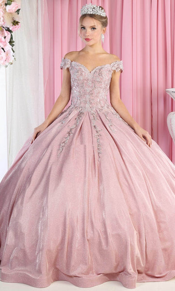 Applique Off the Shoulder Basque Corset Waistline Lace Quinceanera Dress with a Brush/Sweep Train With Rhinestones