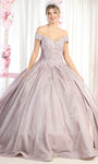 Lace Off the Shoulder Basque Corset Waistline Applique Quinceanera Dress with a Brush/Sweep Train With Rhinestones