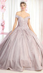 Lace Basque Corset Waistline Applique Off the Shoulder Quinceanera Dress with a Brush/Sweep Train With Rhinestones