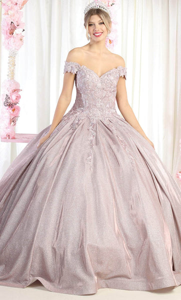 Off the Shoulder Lace Applique Basque Corset Waistline Quinceanera Dress with a Brush/Sweep Train With Rhinestones