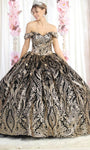 Tall Floor Length Metallic Basque Corset Waistline Off the Shoulder Applique Glittering Open-Back Floral Print Quinceanera Dress With a Bow(s)