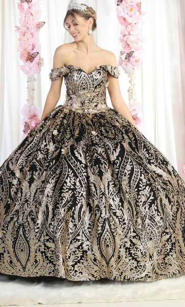 Tall Basque Corset Waistline Floral Print Glittering Applique Open-Back Floor Length Off the Shoulder Metallic Quinceanera Dress With a Bow(s)