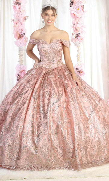 Tall Off the Shoulder Metallic Applique Glittering Open-Back Floor Length Floral Print Basque Corset Waistline Quinceanera Dress With a Bow(s)