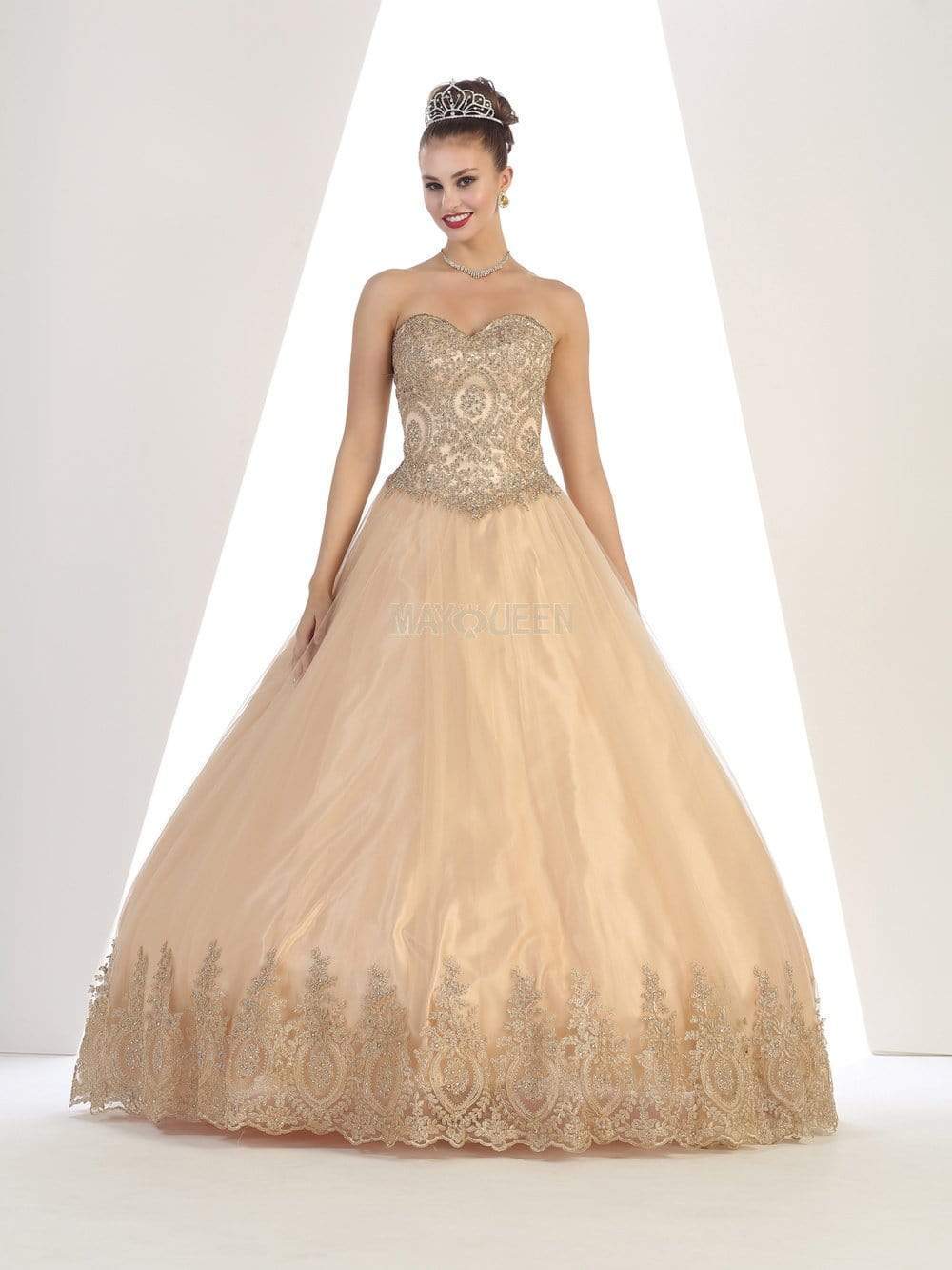 May Queen - LK73 Strapless Sweetheart Gold Lace Embellished Ballgown