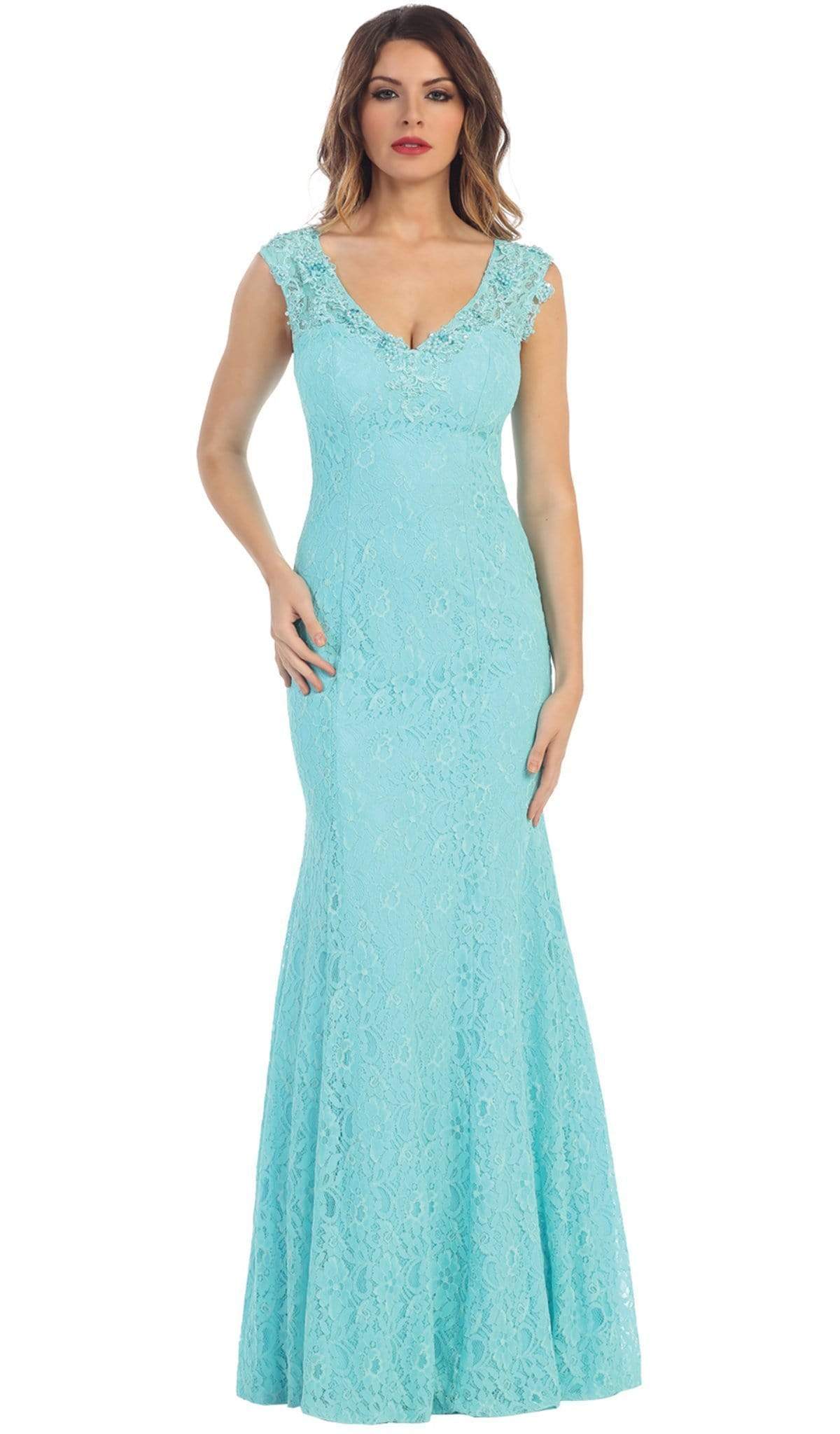 May Queen - MQ-1217 Lace V-neck Trumpet Evening Dress