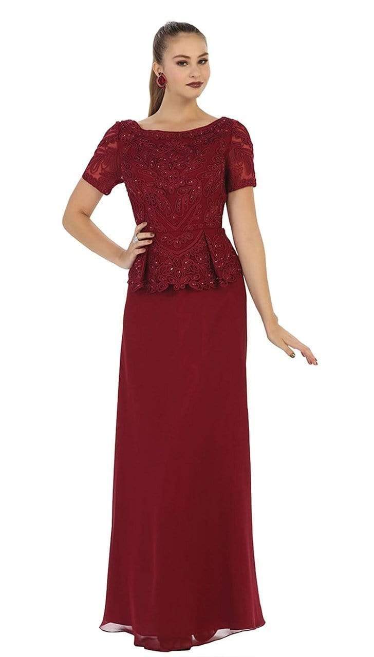 May Queen - MQ-1427 Short Sleeve Embroidered Bateau Neck A-line Evening Dress
