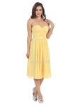 A-line Strapless Natural Waistline Tea Length Lace-Up Ruched Open-Back Sweetheart Satin Dress