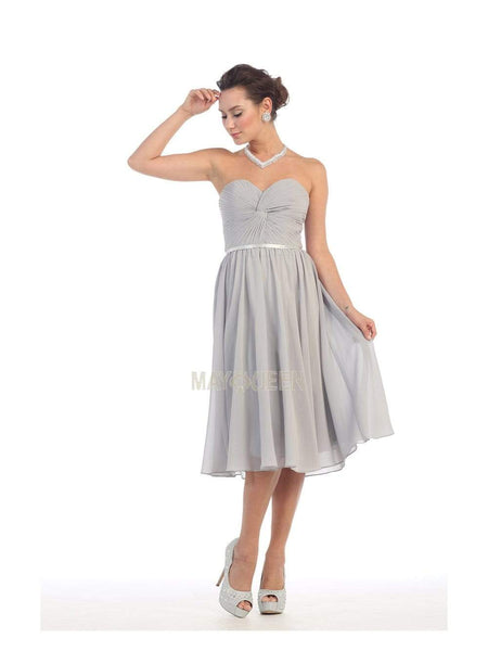 A-line Strapless Sweetheart Satin Open-Back Lace-Up Ruched Natural Waistline Tea Length Dress