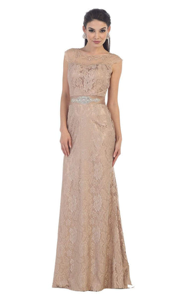 Bateau Neck Lace Sequined Embroidered Fitted Fit-and-Flare Sheath Cap Sleeves Natural Waistline Floor Length Sheath Dress/Evening Dress/Prom Dress